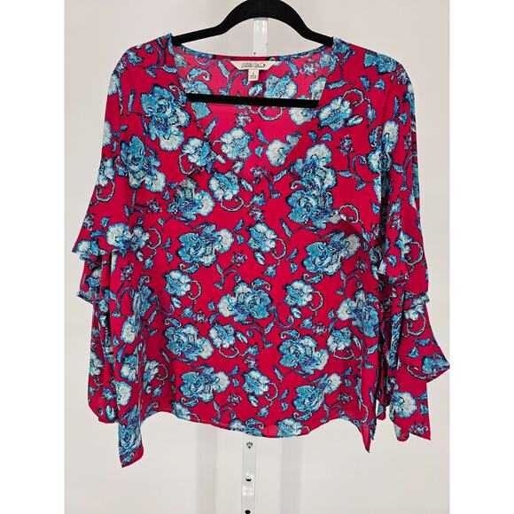 PIONEER Tops - Pioneer Woman Womens Sz L Cascade Caplet Ruffle Blouse Red Blue Floral